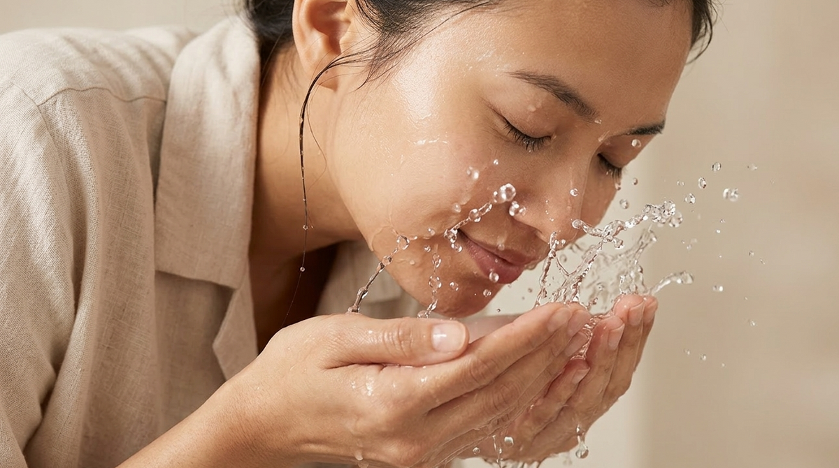 Woman washing her face with water against a neutral background