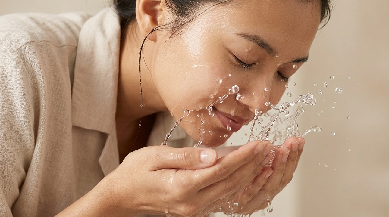 Woman washing her face with water against a neutral background