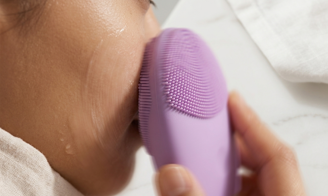 Person using a purple skincare device on their face