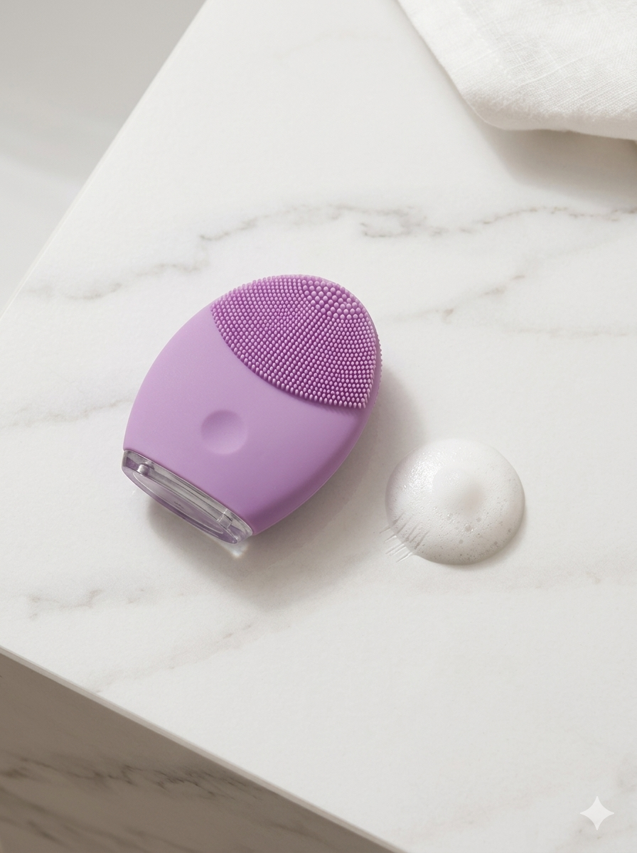 Purple facial cleansing brush on a marble surface