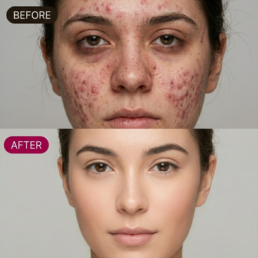 Before and after comparison of a person's face with acne on a gray background