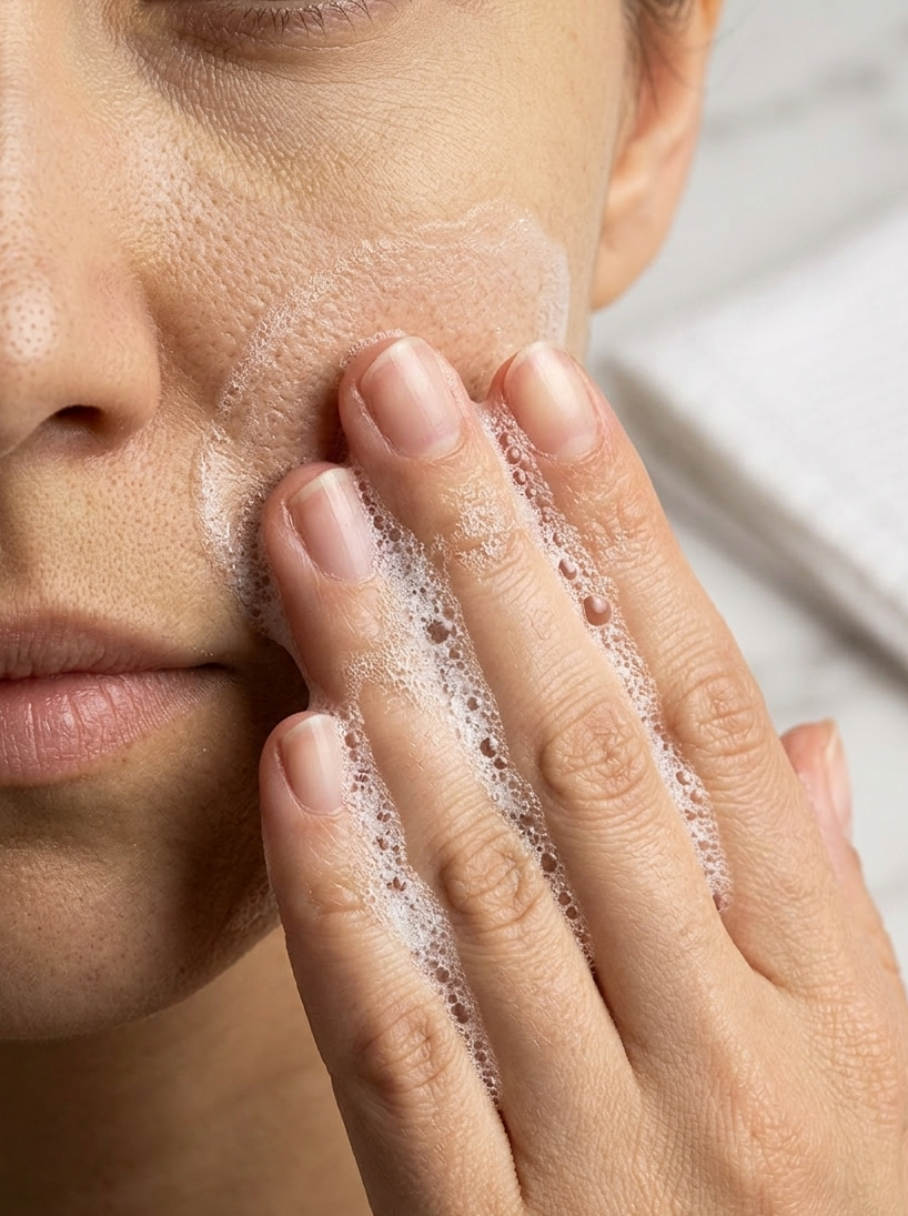 Person applying a foamy skincare product to their face